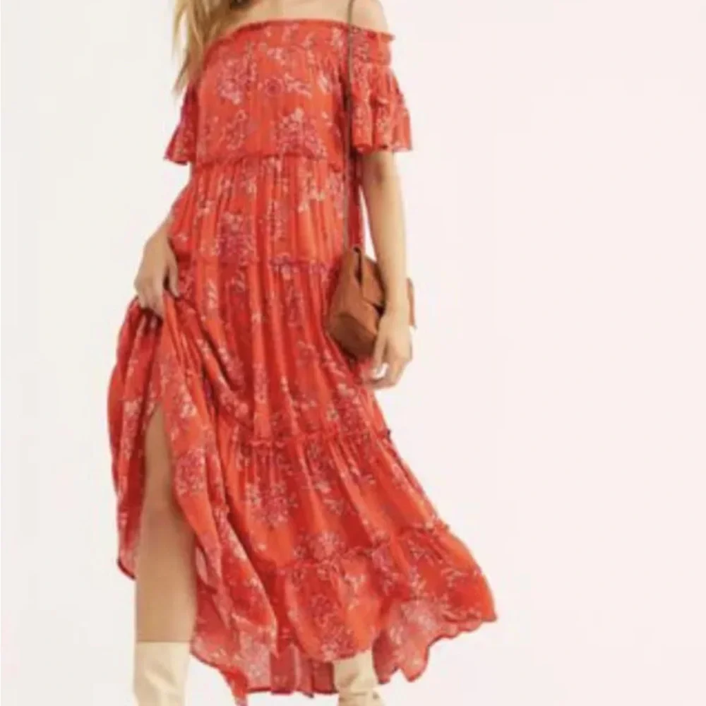 Free People Barclay Dress Maxi Off The Shoulder Floral Ruffle Orange Red